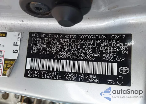 2017 Toyota Prius Four/Four Touring/One/Three/Three Touring/Two/Two Eco z USA, uszkodzony, nr VIN JTDKARFU4H3536366